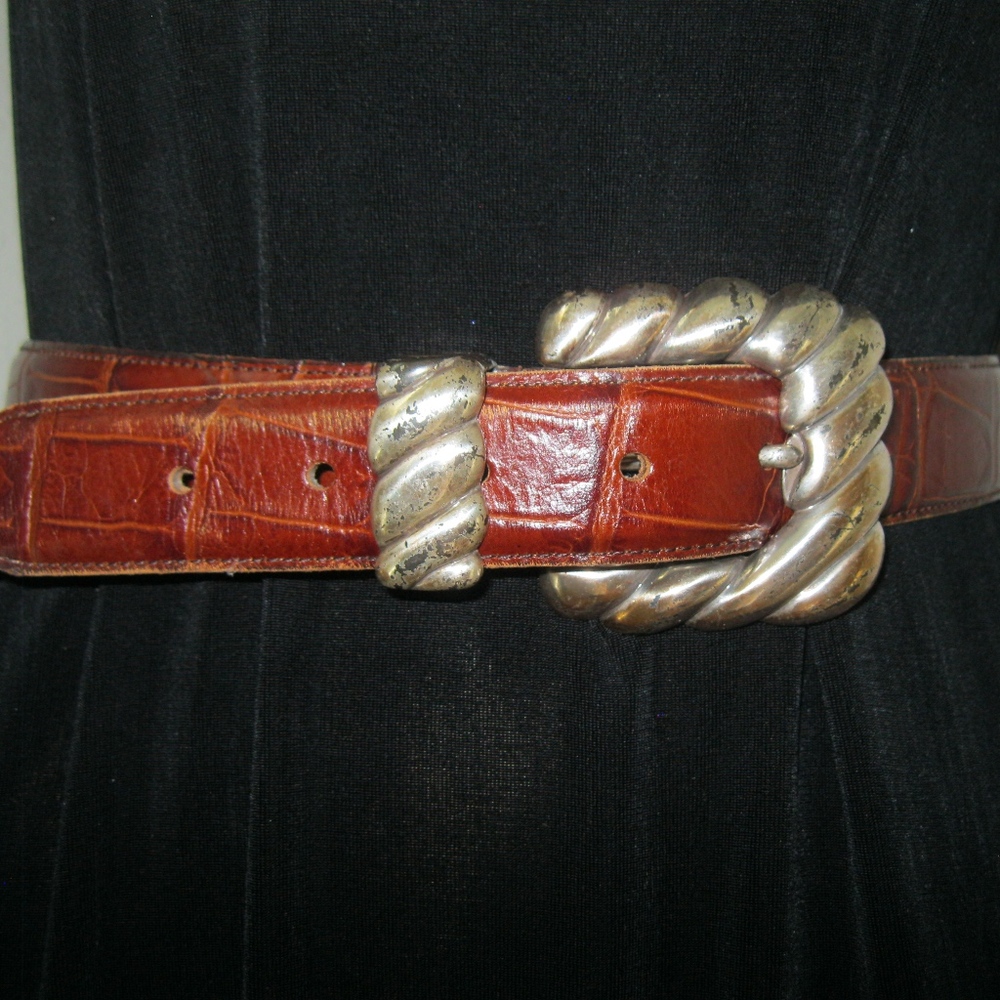 Enmon leather belt, brown w/ silver, NEW Sz S